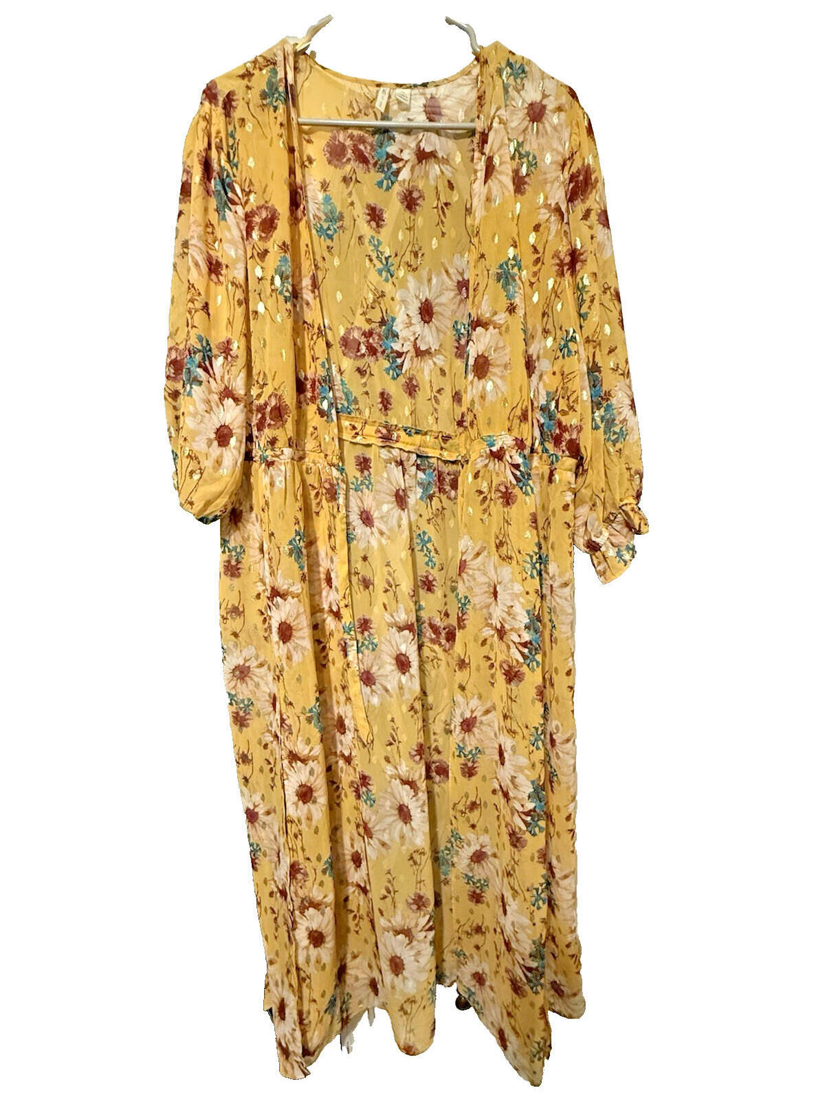 Cato Boho, Beachy, Sheer Floral Kimono Cardigan Xl Gold Open Front Draped